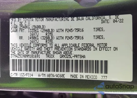 2022 Toyota Tacoma Sr5 V6 из США, поврежденный, VIN 3TMAZ5CN8NM181691